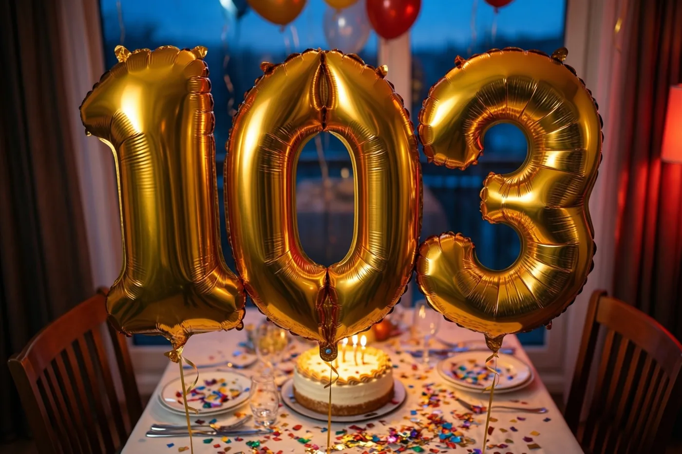 Gouden cijferballonnen vormen 103 boven een feesttafel met taart, confetti en kaarsen, met blauwe schemering achter het raam.