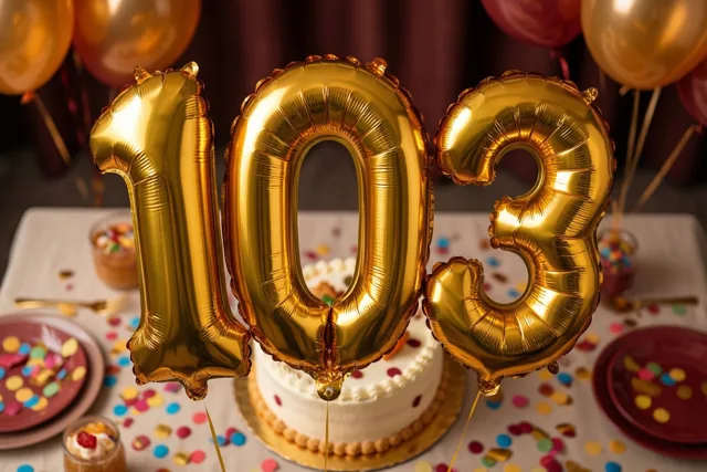 Drie grote gouden folieballonnen vormen 103 boven een tafel met kleurrijke confetti en een witte taart.
