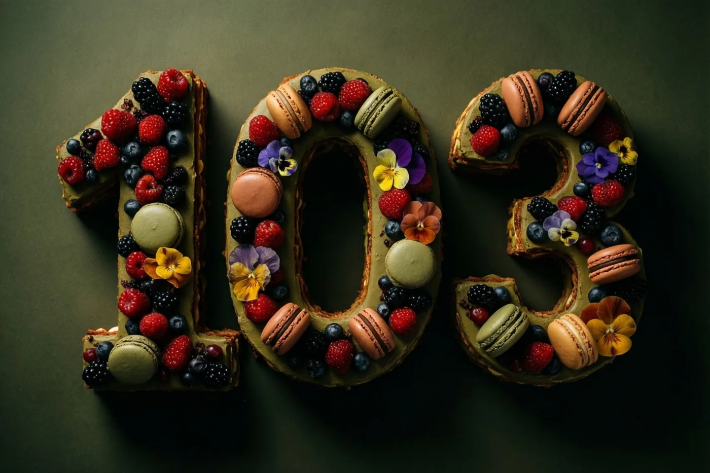 Een taart vormt 103 en is versierd met bessen, macarons en eetbare bloemen tegen een donkergroene achtergrond in zacht licht.