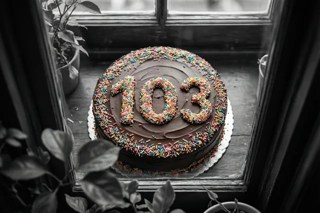 Een ronde chocoladetaart met 103 in gekleurde suikerstrooisels staat tussen potplanten op een vensterbank, van bovenaf gefotografeerd met een selectief kleureffect.
