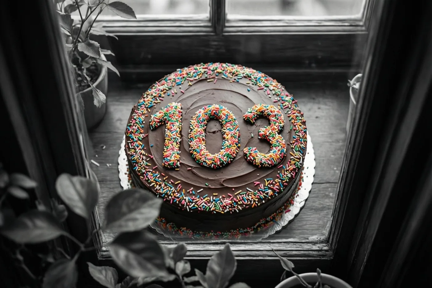 Een ronde chocoladetaart met 103 in gekleurde suikerstrooisels staat tussen potplanten op een vensterbank, van bovenaf gefotografeerd met een selectief kleureffect.
