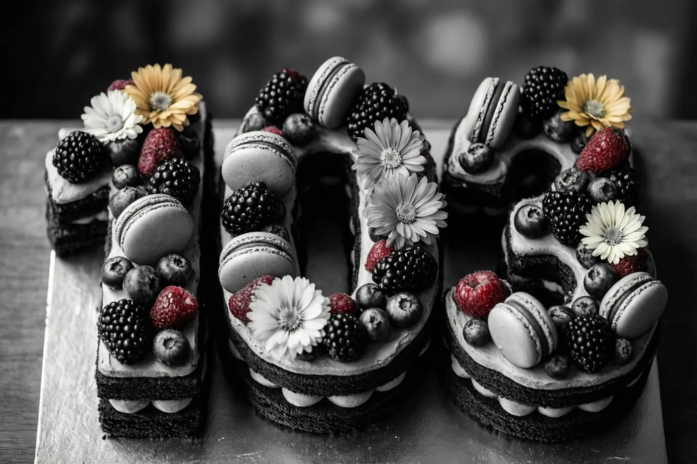 Een taart in de vorm van 103 is versierd met bessen, macarons en eetbare bloemen op een donkere ondergrond met een onscherpe achtergrond.