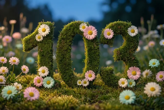 Een mossige groene haag vormt 103 met kleurrijke madeliefjes in een landelijke tuin bij schemerlicht, met bloemen en bomen op de achtergrond.