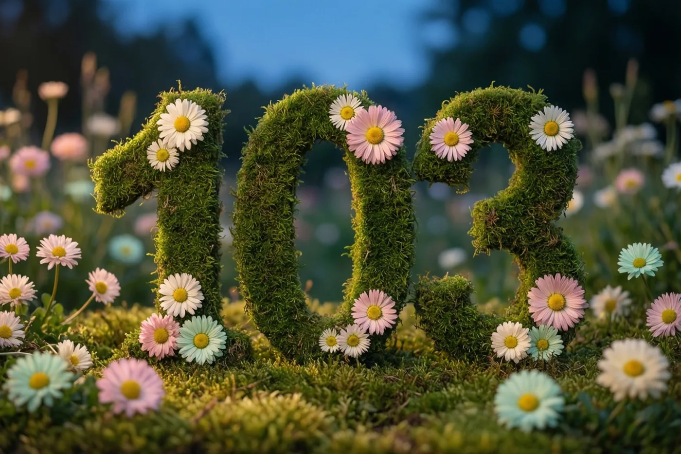 Een mossige groene haag vormt 103 met kleurrijke madeliefjes in een landelijke tuin bij schemerlicht, met bloemen en bomen op de achtergrond.
