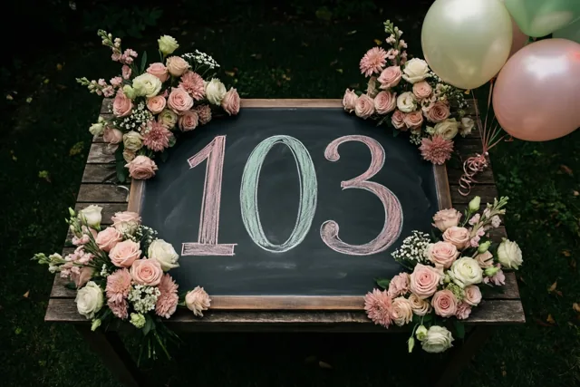 Een krijtbord met 103 in pastelkrijt staat op een houten tuintafel op het gras, tussen bloemstukken en ballonnen in roze, wit en mintgroen.