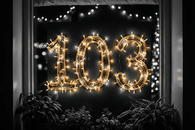 Warme lichtjes vormen 103 op een donkere muur bij een raam, met potplanten onderaan en onscherpe lichtjes op de achtergrond.
