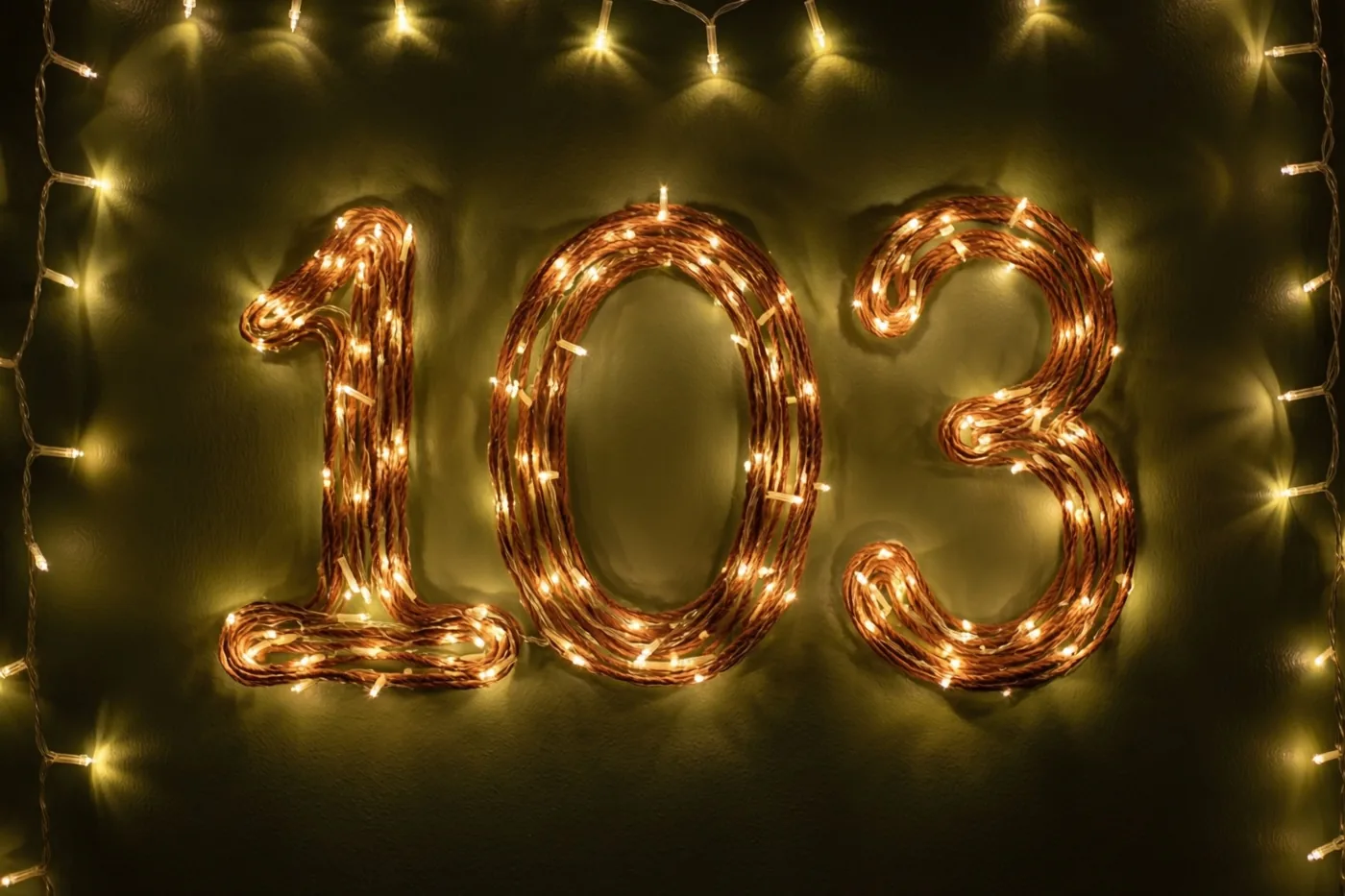 Warme lichtslingers vormen 103 op een donkere muur, met extra lichtslingers langs de randen en onscherpe lichtvlekken eromheen.