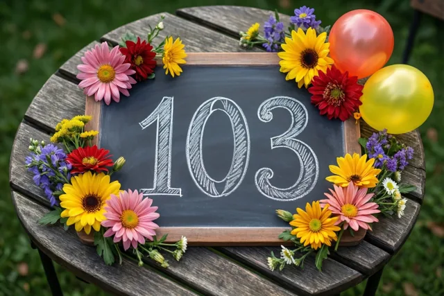 Op een houten tuintafel op een gazon staat een krijtbord met 103 in wit krijt, tussen kleurrijke bloemen en ballonnen.