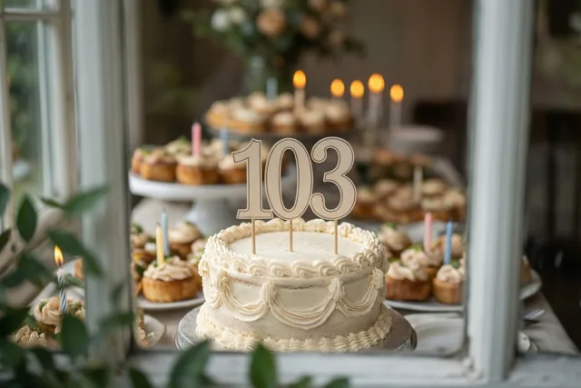 Door een raamkozijn is een buffet te zien met een stapeltaart met een papieren 103, cupcakes en brandende kaarsen, met groen op de voorgrond.