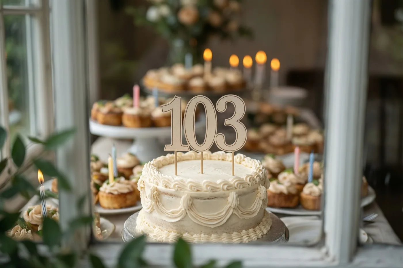 Door een raamkozijn is een buffet te zien met een stapeltaart met een papieren 103, cupcakes en brandende kaarsen, met groen op de voorgrond.