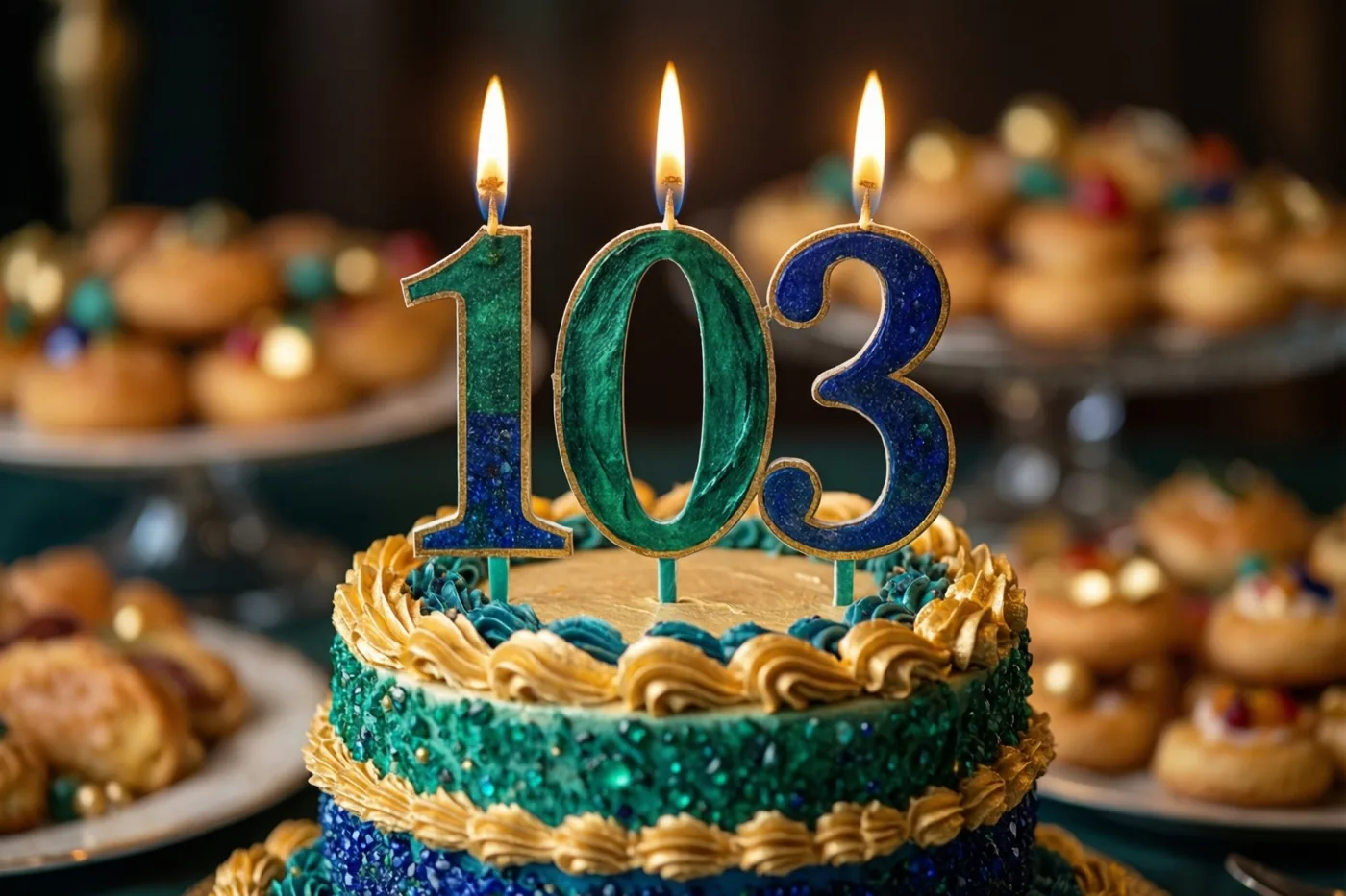 Een stapeltaart met goudkleurig en blauwgroen glazuur, glitters en grote brandende cijferkaarsen in de vorm van 103 staat op een buffet met gebak erachter.