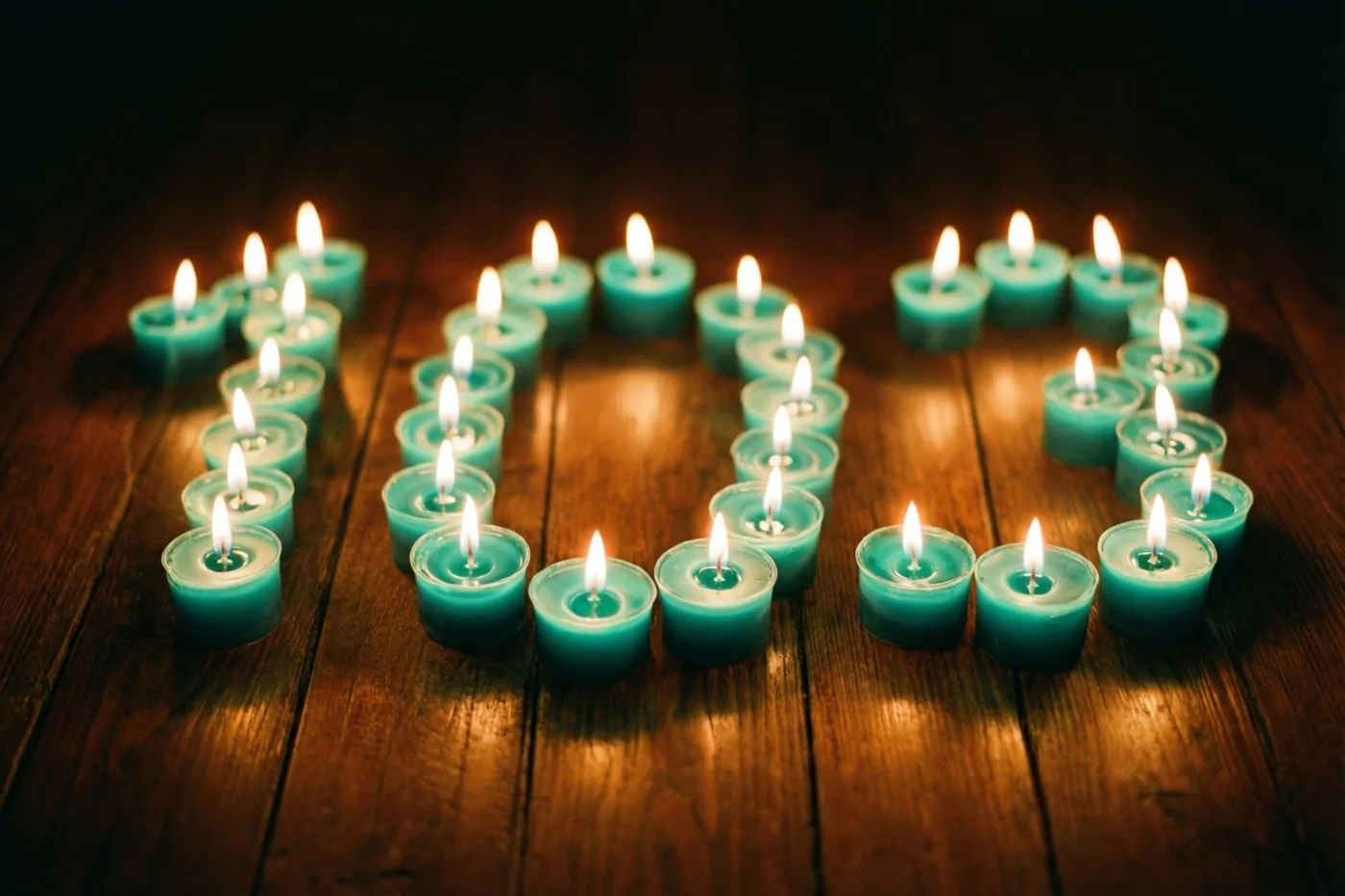 Blauwgroene brandende theelichtjes vormen 103 op een donkere bruine houten vloer.
