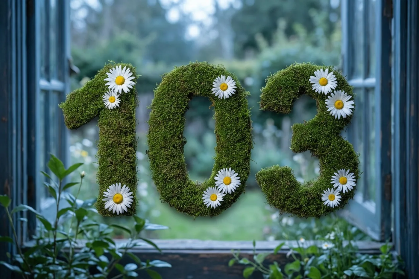 Groen mos vormt 103 met witte madeliefjes voor een raam met een onscherpe tuin op de achtergrond.