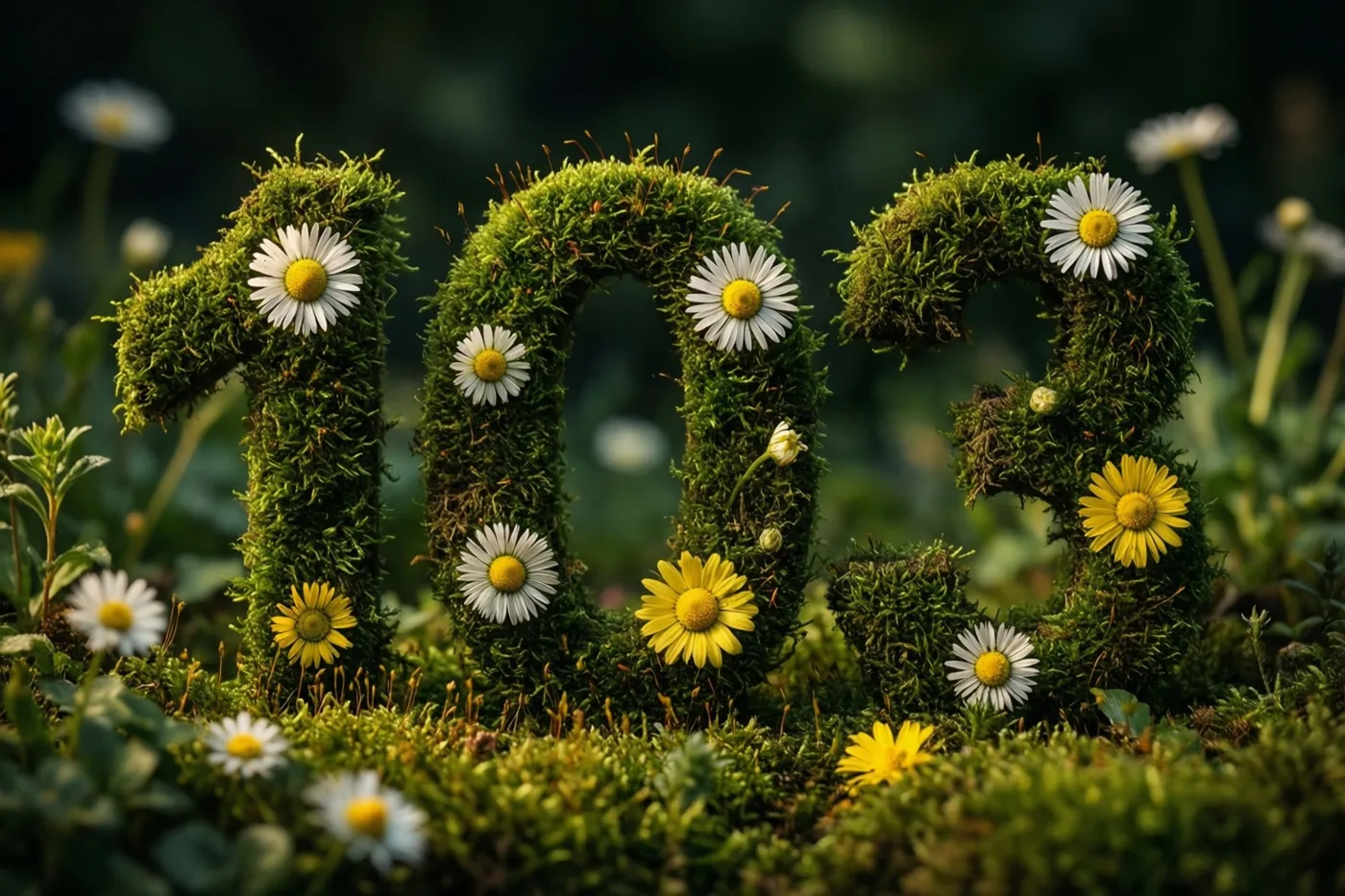 Het getal 103 is gevormd uit mos en versierd met madeliefjes in een landelijke tuin in groene, witte en gele tinten.