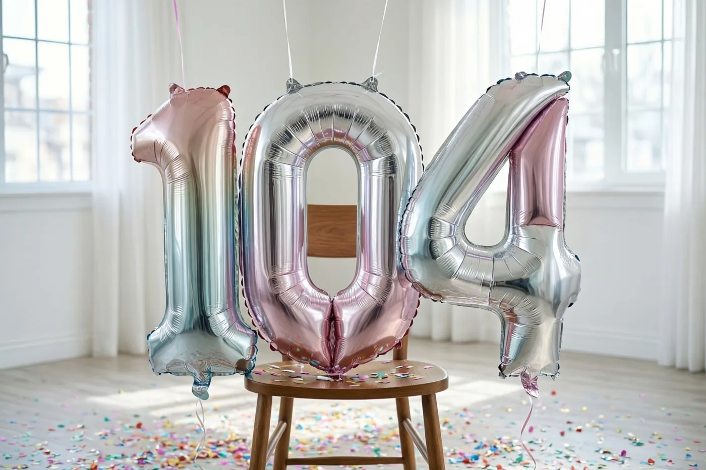 Drie glanzende folieballonnen in zilver en pastelroze vormen 104 en hangen aan een houten stoel in een zonnige kamer met confetti op de vloer.
