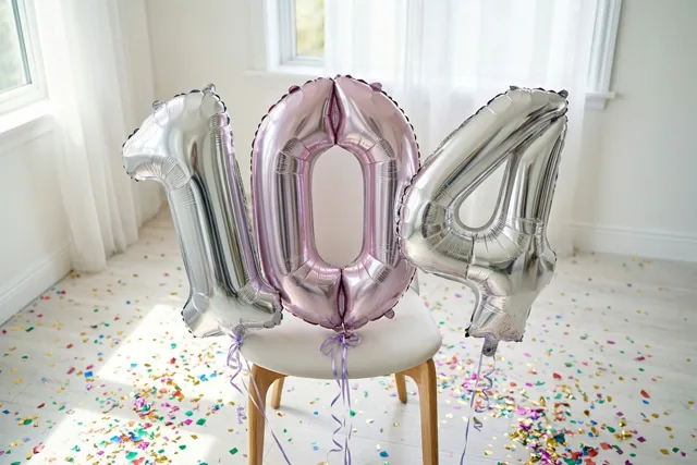 Zilveren en pastelroze folieballonnen vormen 104 aan een witte stoel in een lichte witte kamer met confetti op de vloer.