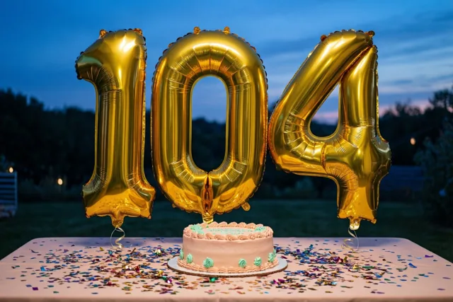 Gouden folieballonnen vormen 104 boven een tafel met confetti en een kleine taart, buiten bij schemering met een blauwe lucht en bomen erachter.