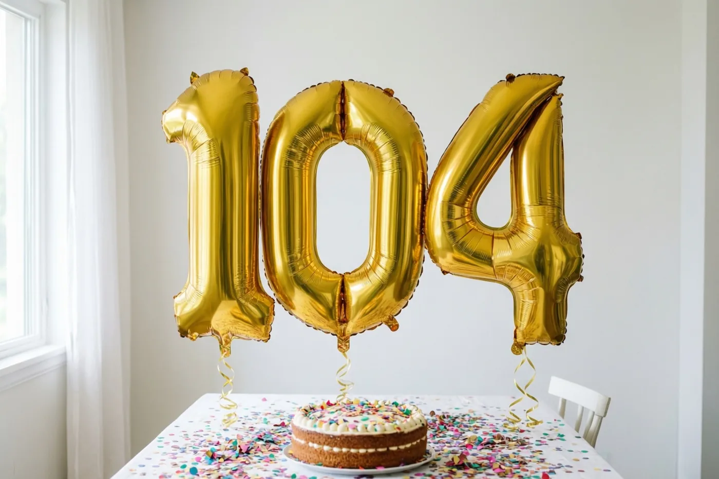 Drie grote gouden folieballonnen vormen 104 boven een tafel met confetti en een kleine taart, bij een raam in een kamer met witte muren en een witte stoel.