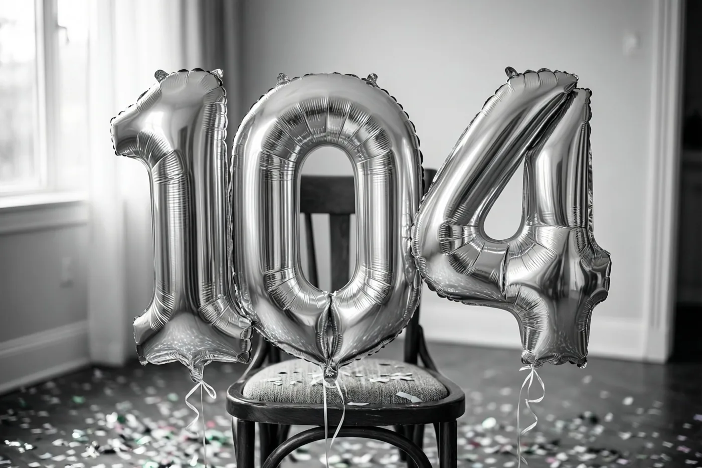 Een zwart-witfoto toont drie zilveren folieballonnen die 104 vormen aan een stoel in een lichte kamer met confetti op de vloer.