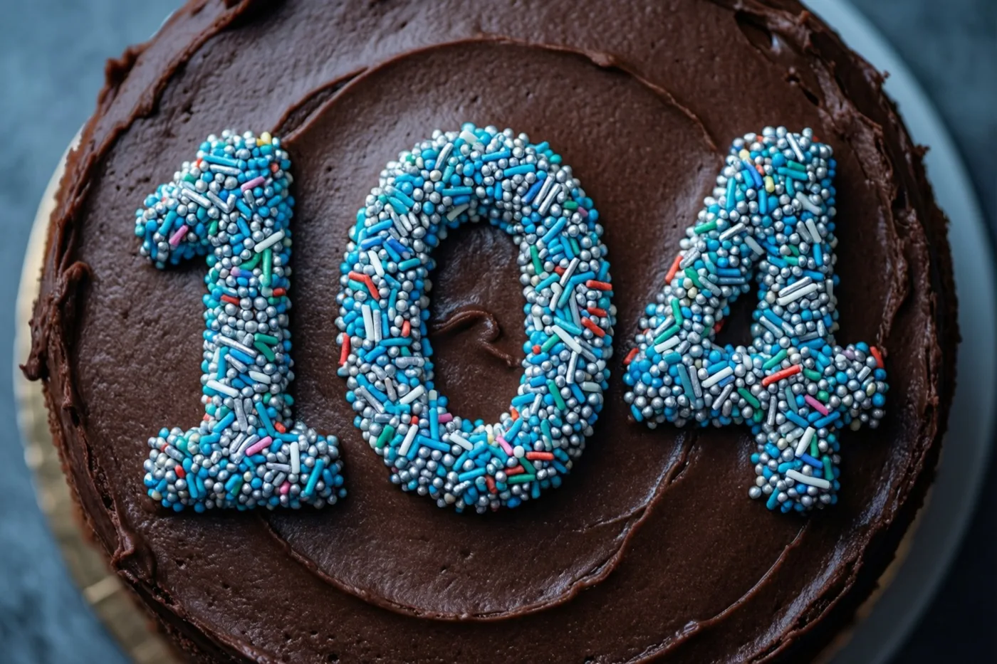 Een ronde chocoladetaart met 104 in gekleurde suikerstrooisels is van bovenaf te zien tegen een donkere blauwgrijze achtergrond.