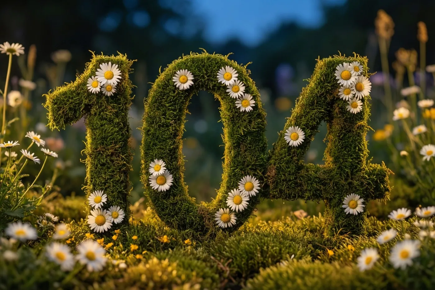 Een mossige groene haag vormt 104 en is versierd met witte madeliefjes in een landelijke tuin bij schemering.