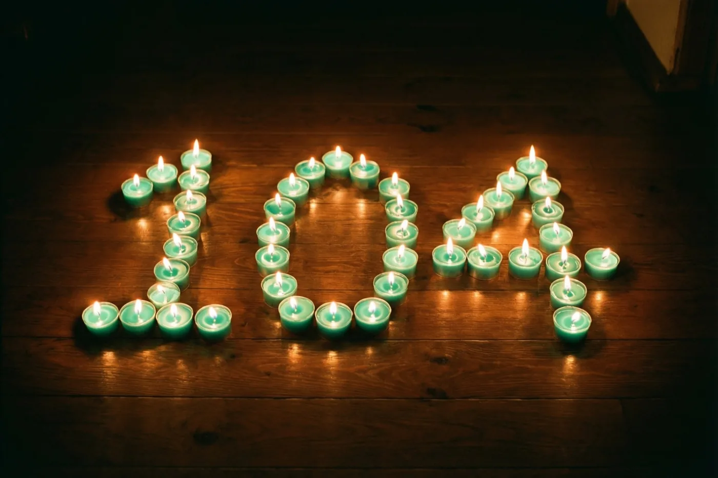 Theelichtjes vormen 104 en verlichten een donkere houten vloer met een zachte gloed.