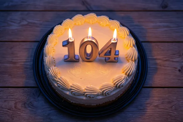 Een ronde roomtaart met opgespoten glazuur en drie brandende cijferkaarsjes die 104 vormen staat op een houten tafel.