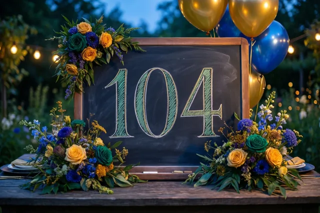 Een krijtbord met 104 in groen krijt staat op een houten tuintafel tussen bloemstukken en ballonnen, met lichtslingers in de schemering erachter.