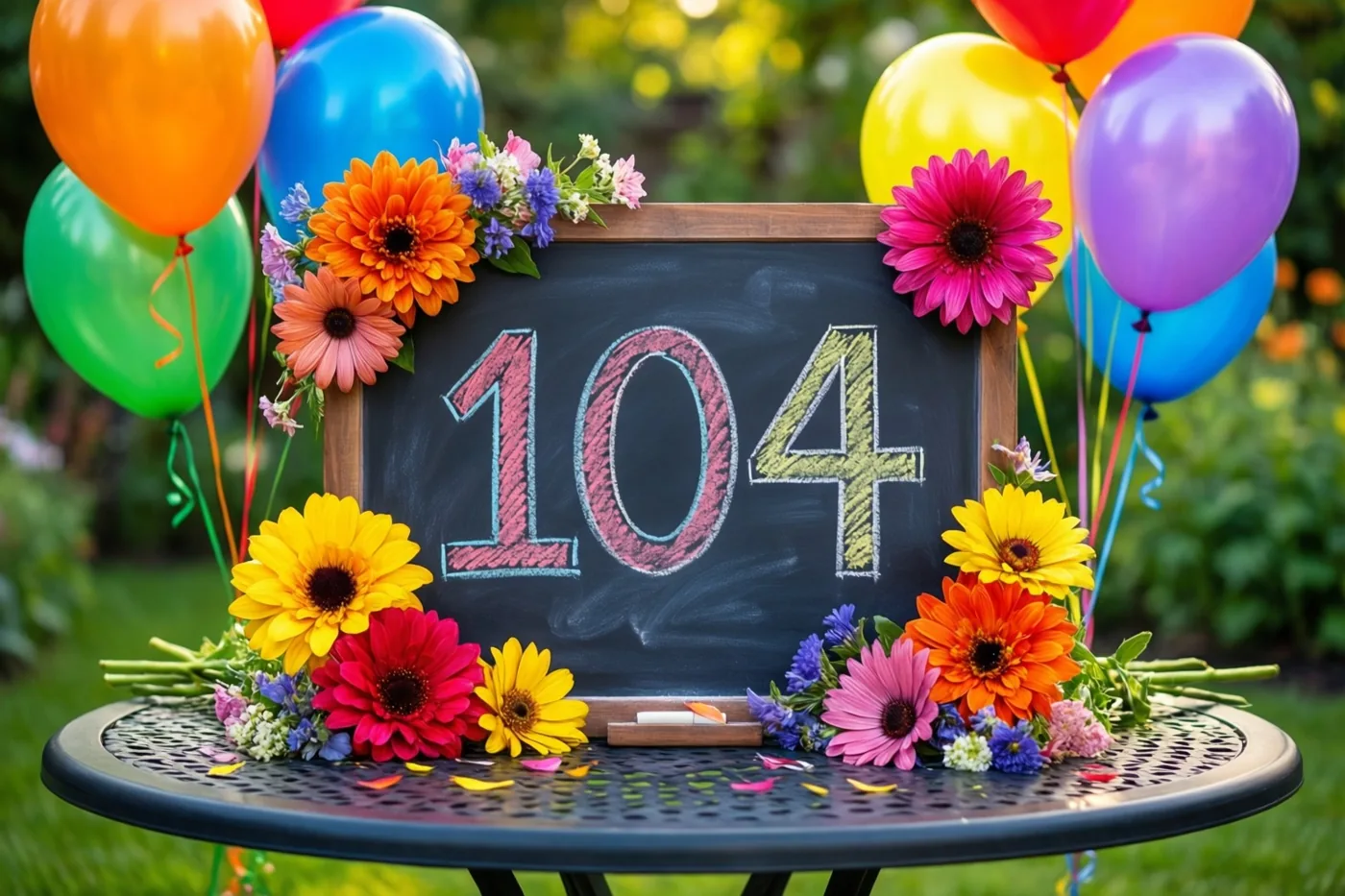 Een krijtbord met 104 in gekleurd krijt staat op een tuintafel in een zonnige tuin tussen felgekleurde bloemen en ballonnen.
