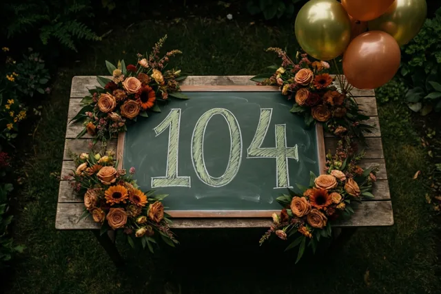 Een krijtbord met 104 in groen krijt staat op een houten tuintafel tussen herfstbloemstukken en gouden en koperen ballonnen, omringd door donkergroen gras en bladeren.