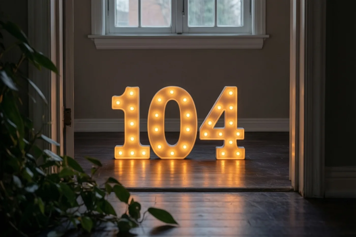 Grote cijfers met brandende lampjes vormen 104 op een donkere houten vloer, met een raam op de achtergrond en warmgeel licht in de kamer.