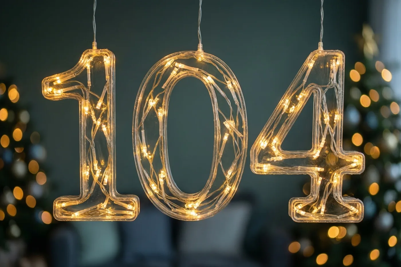 Gloeiende warme lichtslingers vormen 104 tegen een donkere muur, met onscherpe feestlichtjes op de achtergrond.