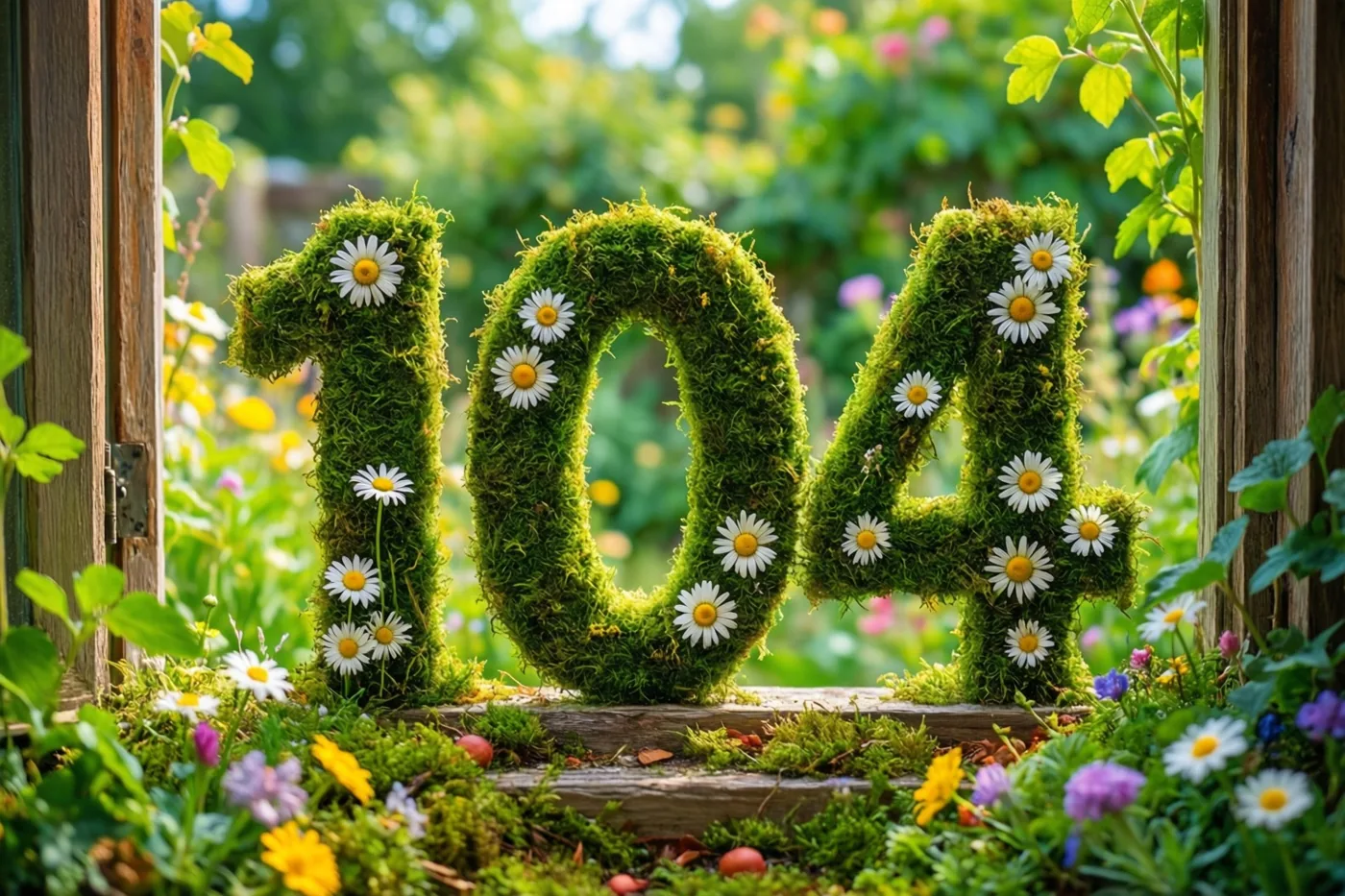 Het getal 104 is gemaakt van groen mos met witte madeliefjes en staat op een houten vensterbank in een landelijke tuin.