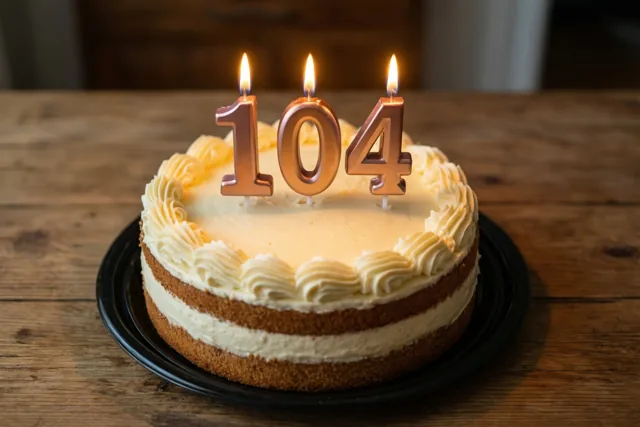 Een ronde roomtaart met brandende cijferkaarsjes die 104 vormen staat op een zwart bord op een houten tafel.