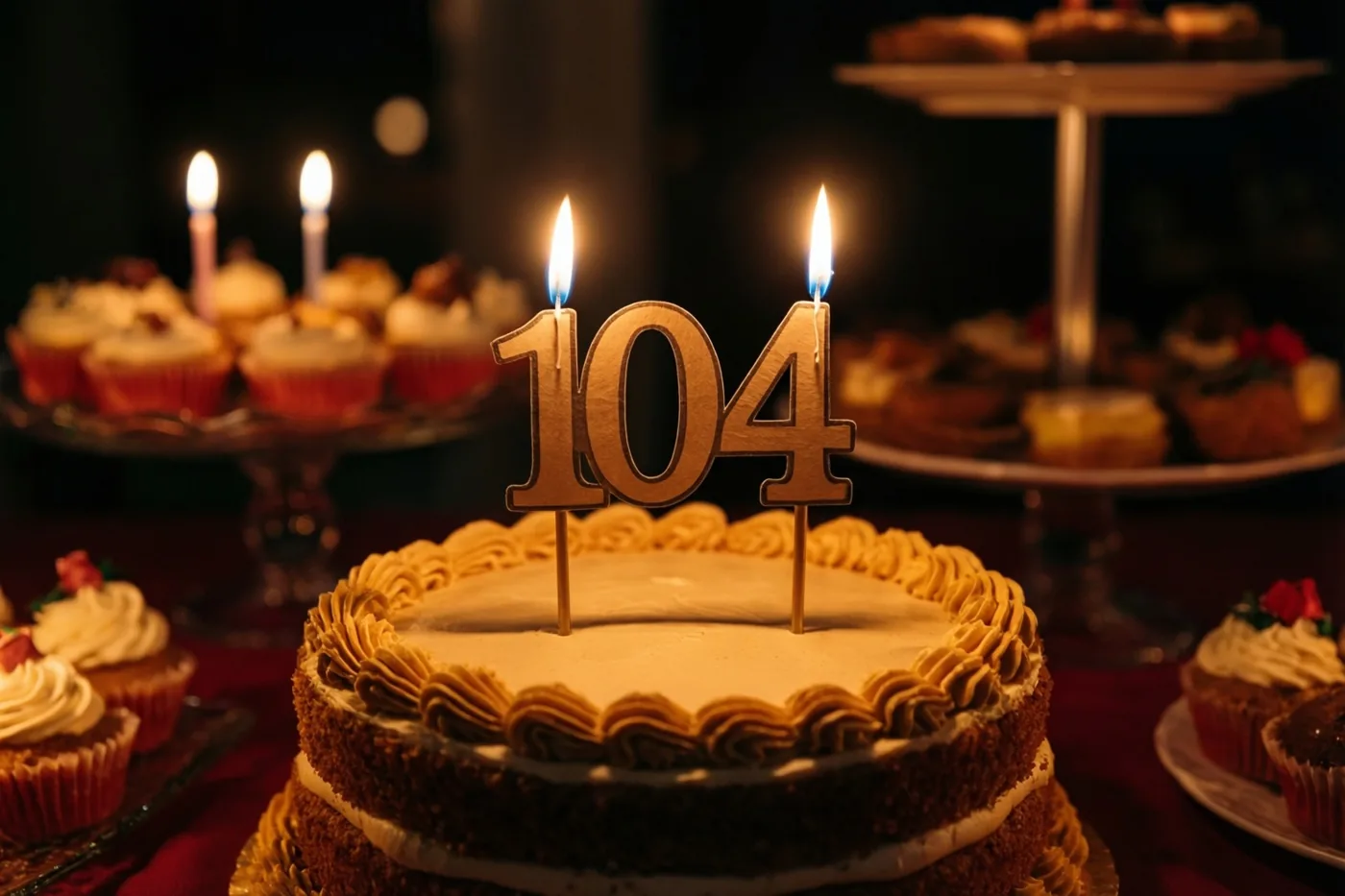 Een stapeltaart met een papieren 104 en brandende kaarsen staat centraal op een buffet in warm goudkleurig en rood licht.