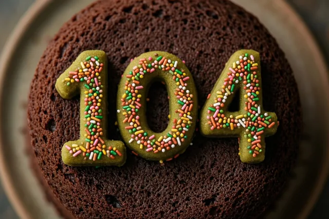 Van bovenaf is een ronde chocoladetaart te zien met 104 in groen glazuur en gekleurde suikerstrooisels, op een lichtbruin bord tegen een donkere achtergrond.