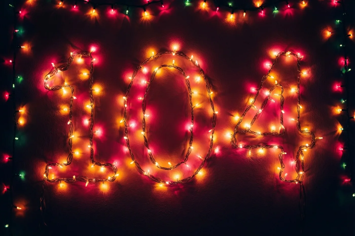 Warme lichtslingers vormen 104 op een donkere muur, met onscherpe rode, oranje en groene lichtjes op de achtergrond.