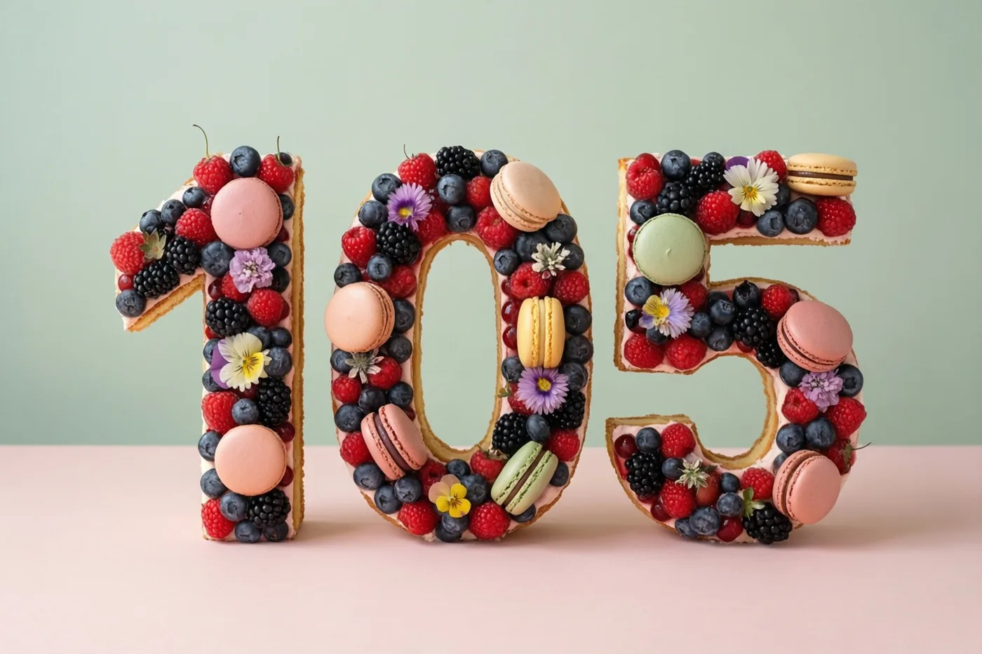 Een taart vormt 105 en is versierd met bessen, macarons en eetbare bloemen tegen een effen achtergrond in pastelroze en mintgroene tinten.