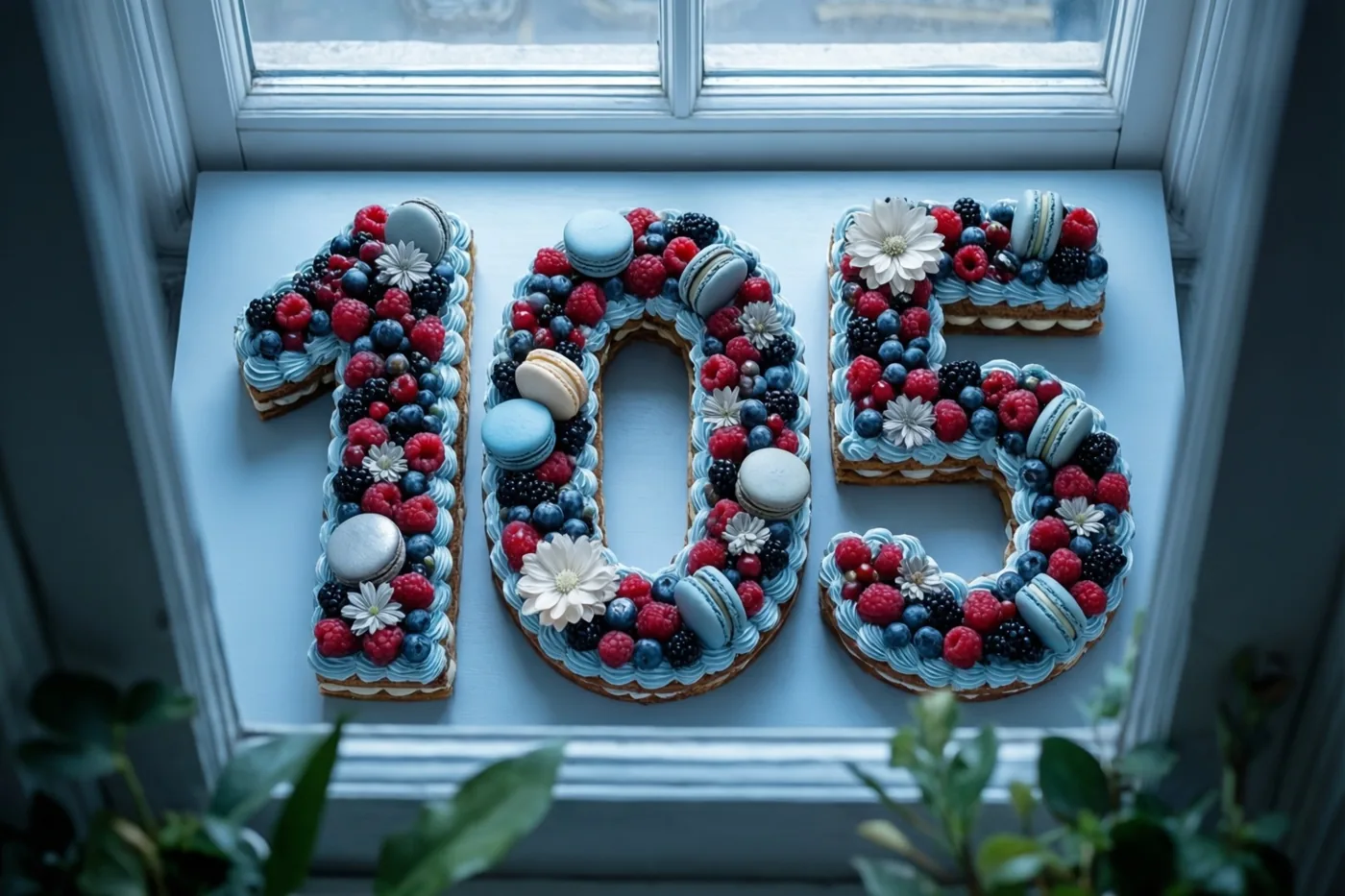 Een taart in de vorm van 105 met bessen, macarons en eetbare bloemen staat op een vensterbank in zacht daglicht met blauwe en witte tinten.