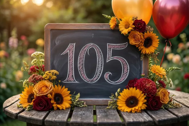 Een krijtbord met 105 in wit krijt staat op een houten tuintafel tussen zonnebloemen, rozen en ballonnen in warm goudkleurig licht.