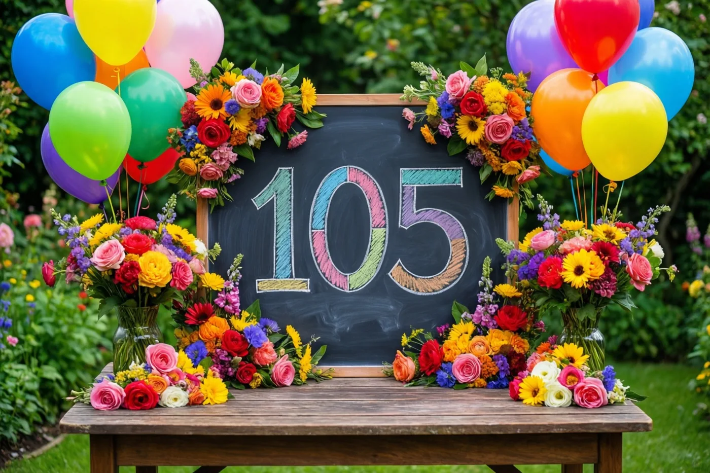 Een krijtbord met 105 in gekleurd krijt staat op een houten tuintafel, met kleurrijke bloemstukken en ballonnen in een groene tuin.