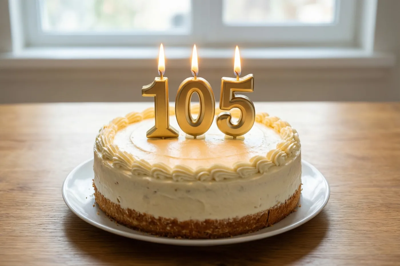 Een ronde roomtaart met een koekjesbodem staat op een wit bord op een houten tafel, met brandende gouden 105-kaarsjes en een raam op de achtergrond.
