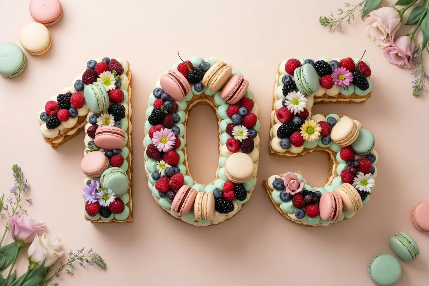Van bovenaf is een taart in de vorm van 105 te zien met macarons, bessen en eetbare bloemen op een lichtroze ondergrond, omringd door losse macarons en bloemstukken.