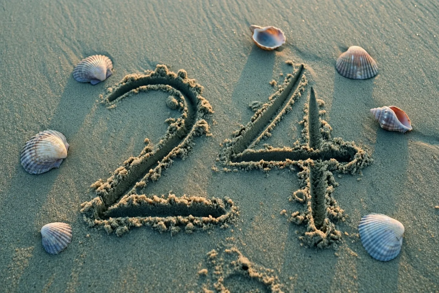 Het getal 24 is in het strandzand getekend en omringd door schelpen in het gouden licht van de ondergaande zon.