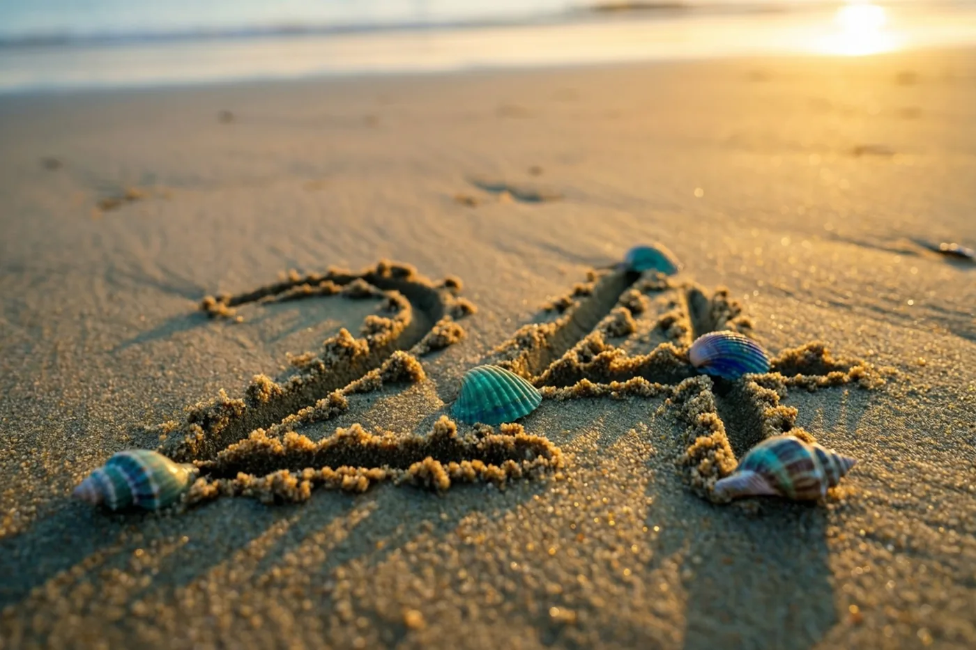 Het getal 24 is in het zand getekend tussen schelpen op een strand bij zonsondergang, met een zacht vervaagde achtergrond.