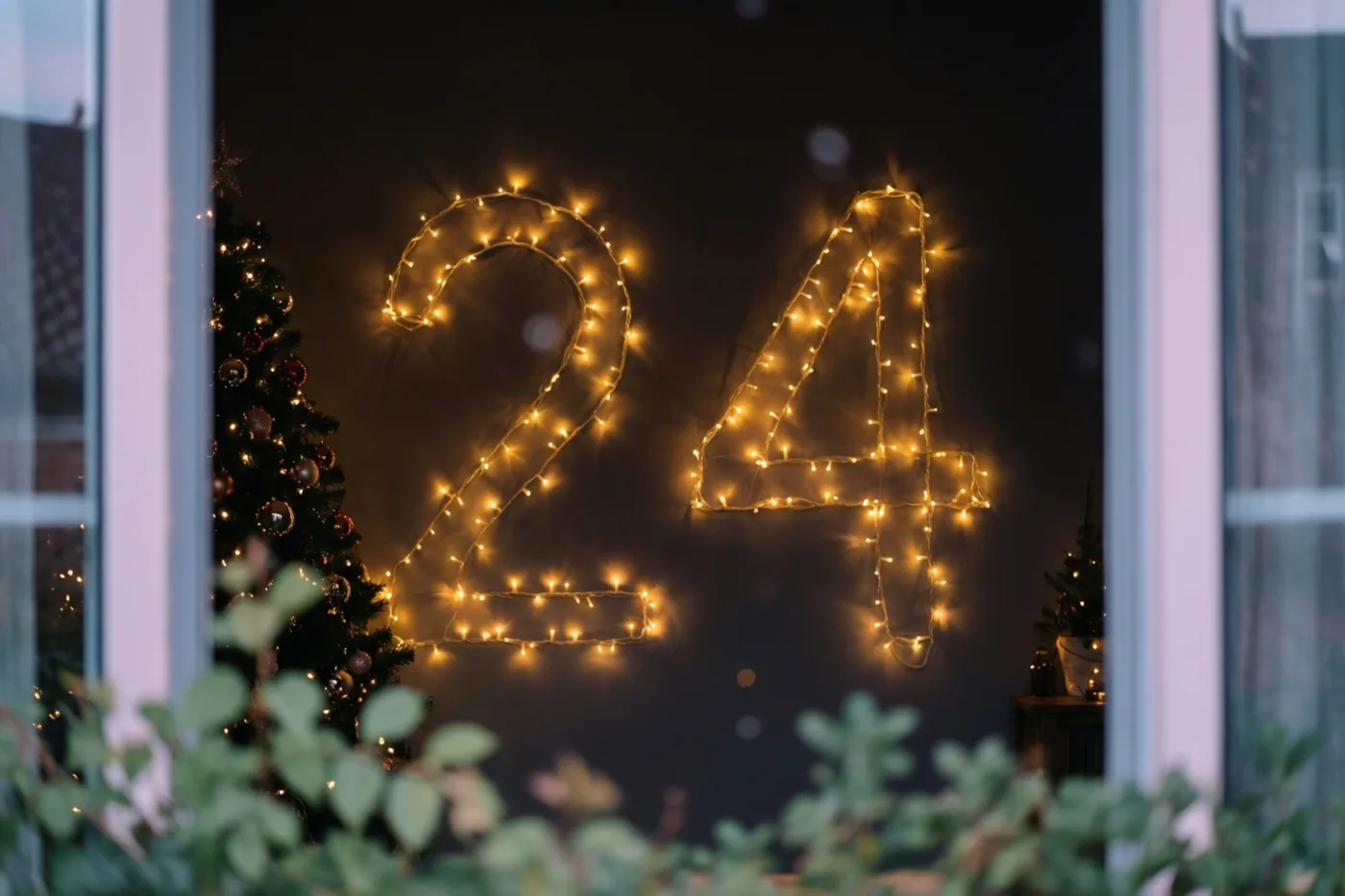 Door een raamkozijn is 24 van warme lichtslingers op een donkere muur te zien, met onscherp groen op de voorgrond.