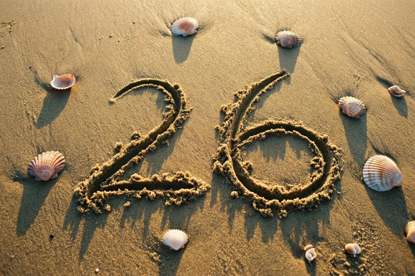 Het getal 26 is in het zand getekend op een strand met verspreide schelpen in warm gouden licht.