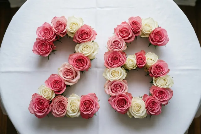 Van bovenaf zijn roze en witte rozen te zien die 26 vormen op een wit tafelkleed.