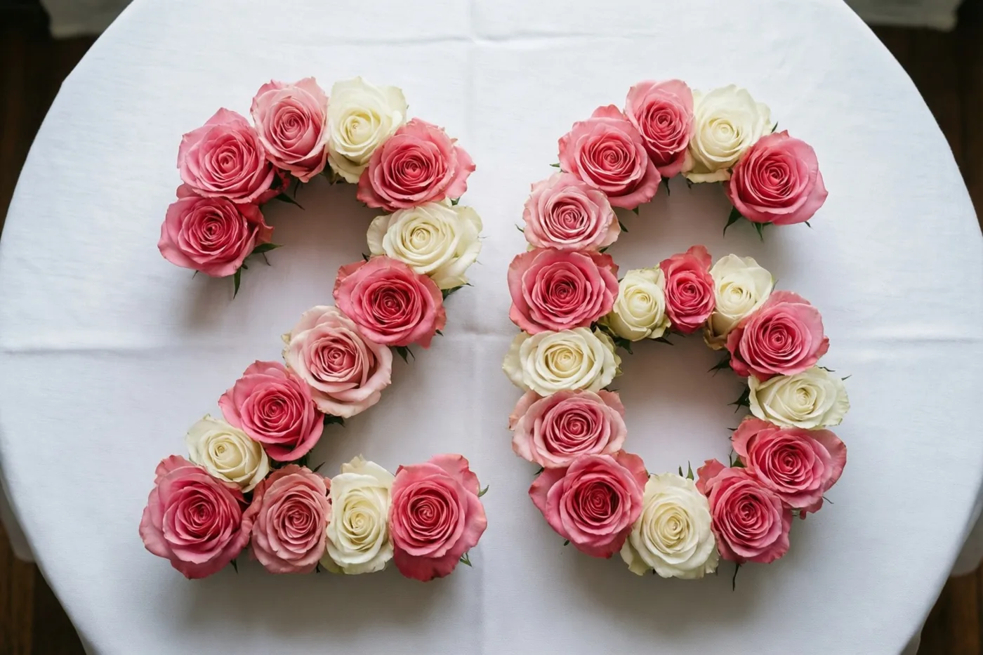Van bovenaf zijn roze en witte rozen te zien die 26 vormen op een wit tafelkleed.