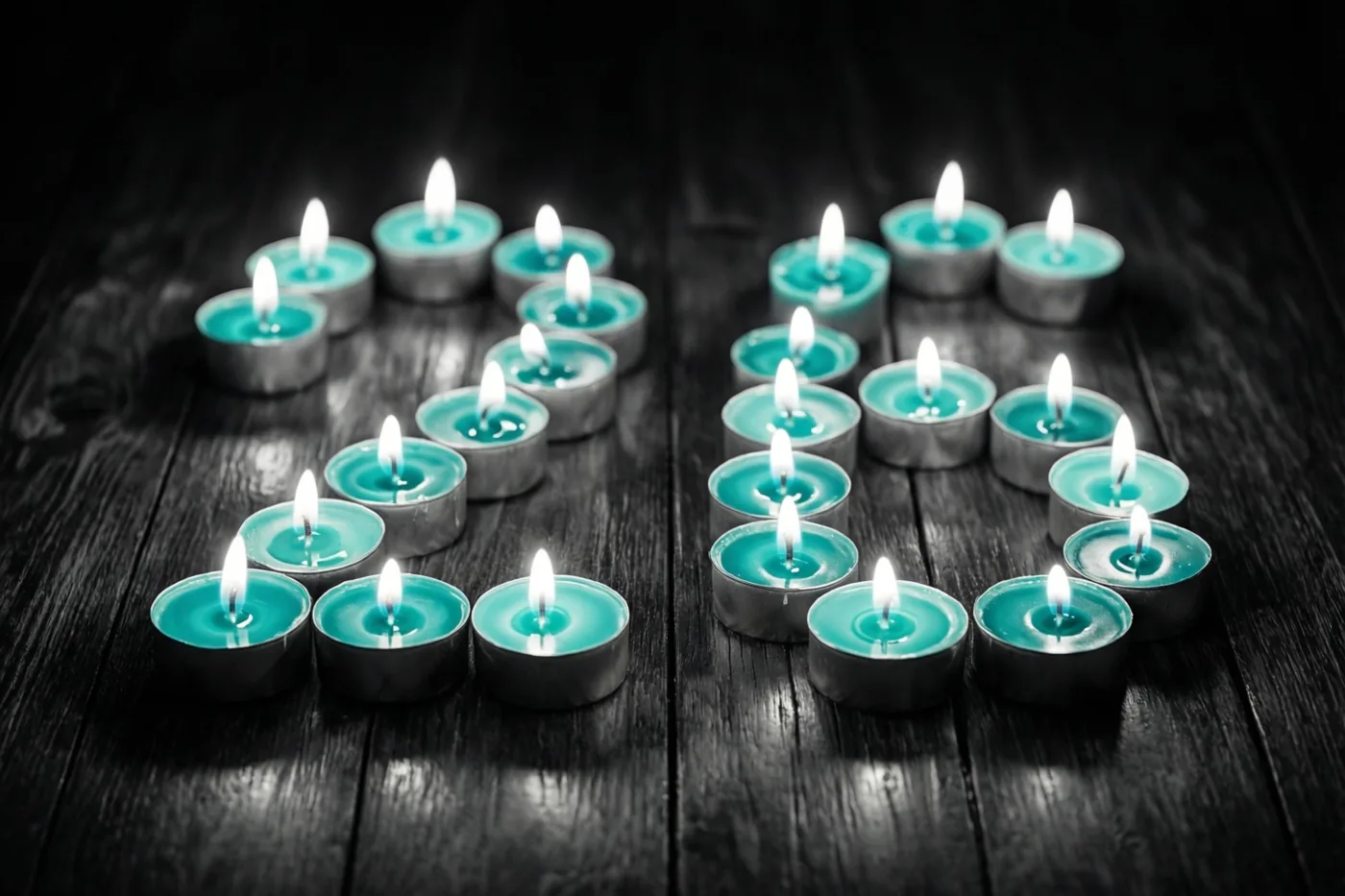 Brandende theelichtjes vormen 26 op een donkere houten vloer in een tafereel met blauwgroene en zwarte tinten.